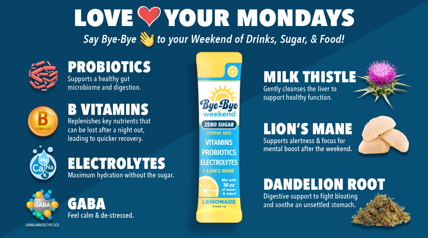 love your mondays bye bye weekend with probiotics b vitamins milk thistle lions mane electrolytes gaba dandelion root
